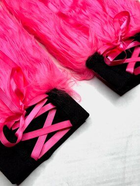 Corset Leg Warmers Pink Faux Fur Boot Covers Knee Highs Lace Up Fuzzy Pants Rave